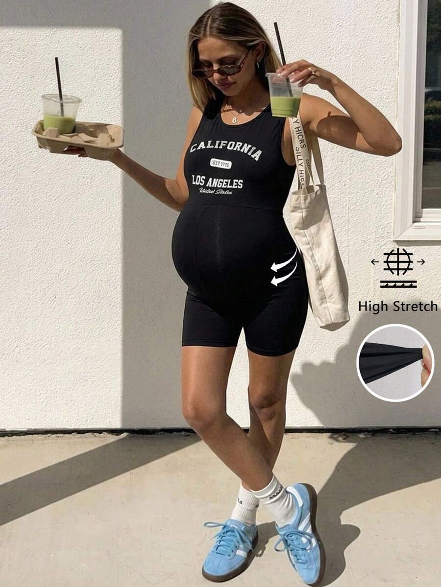 Black Letter Print Maternity Unitard Romper – High Stretch Sleeveless Graphic Bodycon Biker Short Jumpsuit for Casual Daily Wear
