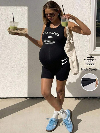 Black Letter Print Maternity Unitard Romper – High Stretch Sleeveless Graphic Bodycon Biker Short Jumpsuit for Casual Daily Wear