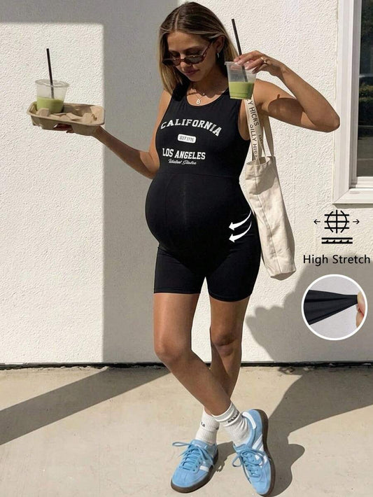 Black Letter Print Maternity Unitard Romper – High Stretch Sleeveless Graphic Bodycon Biker Short Jumpsuit for Casual Daily Wear