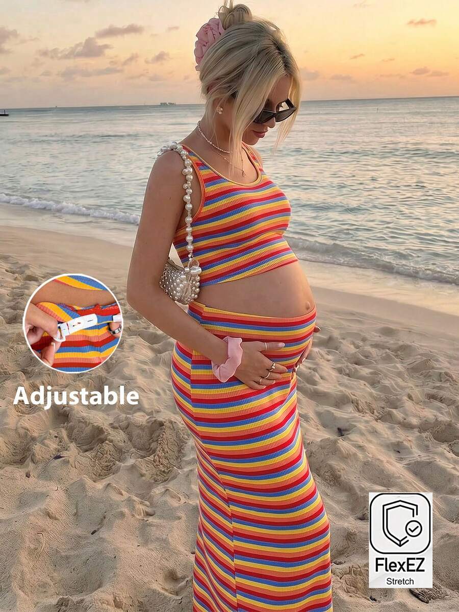 Multicolor Striped Maternity 2 Piece Set U-Neck Sleeveless Crop Top and Long Skirt Slim Fit Casual Summer Vacation Beach Outfit