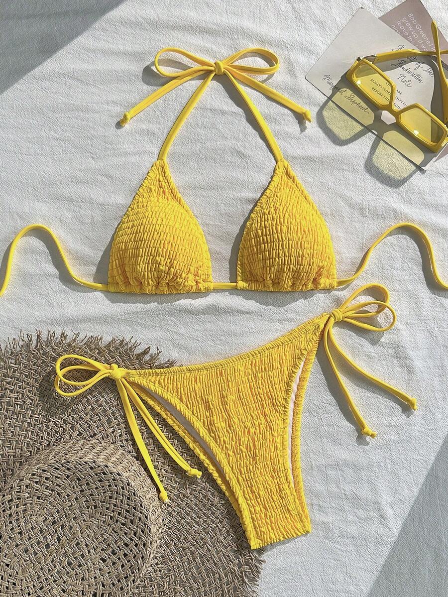 Swim Basics Women's Solid Color Halter Neck Sexy Bikini Set Bathing Suit For Summer Beach