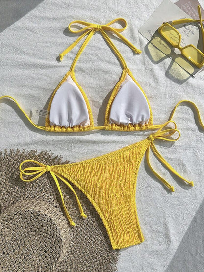Swim Vcay Solid Color Halter Twist Bikini Two Pieces Swimwear, Suitable For Summer