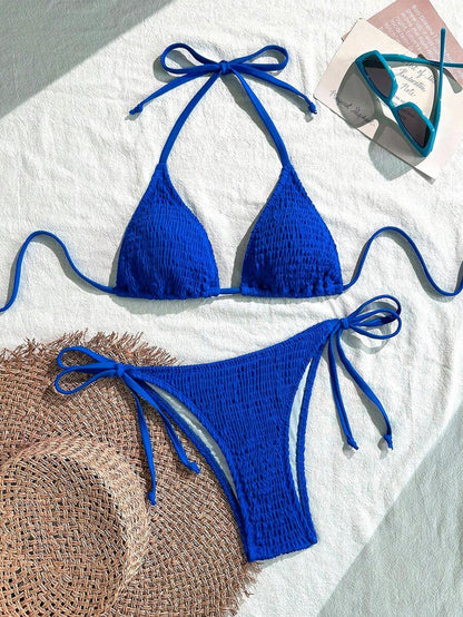Swim Vcay Solid Color Texture Split Bikini Set, Vacation Beach For Summer