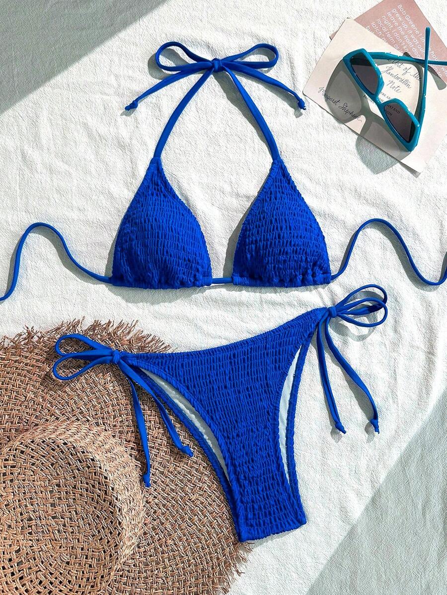 Swim Basics Women's Solid Color Halter Neck Sexy Bikini Set Bathing Suit For Summer Beach