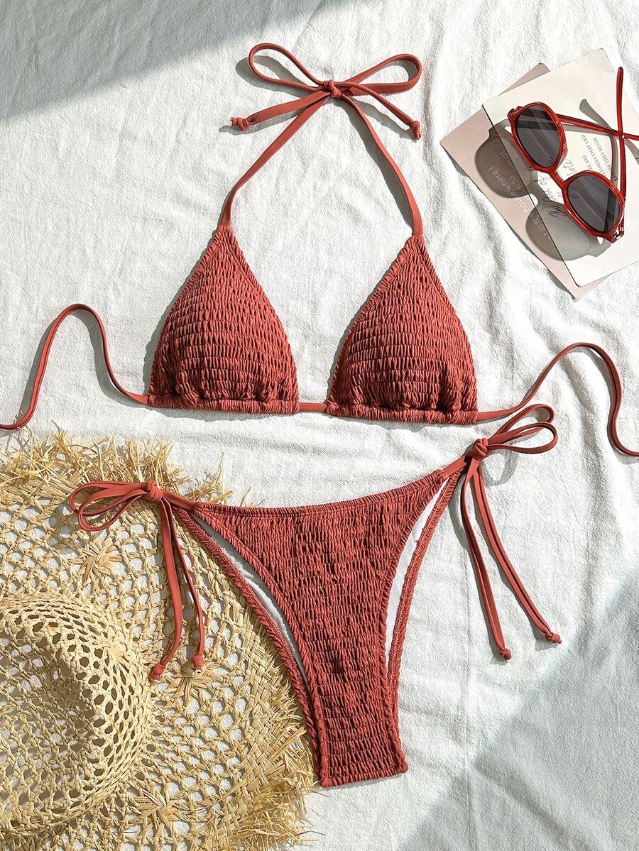 Swim Vcay Solid Color Halter Twist Bikini Two Pieces Swimwear, Suitable For Summer
