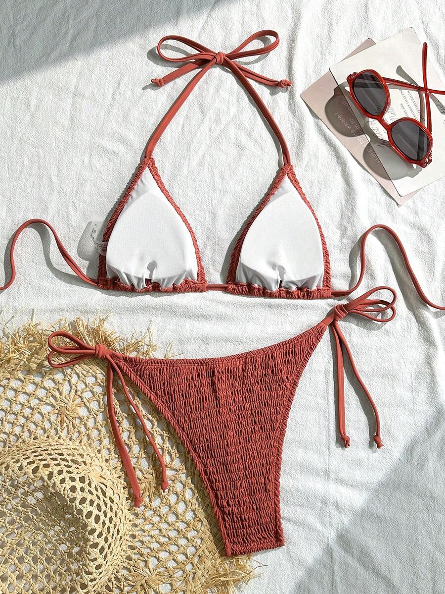 Swim Vcay Solid Color Texture Split Bikini Set, Vacation Beach For Summer