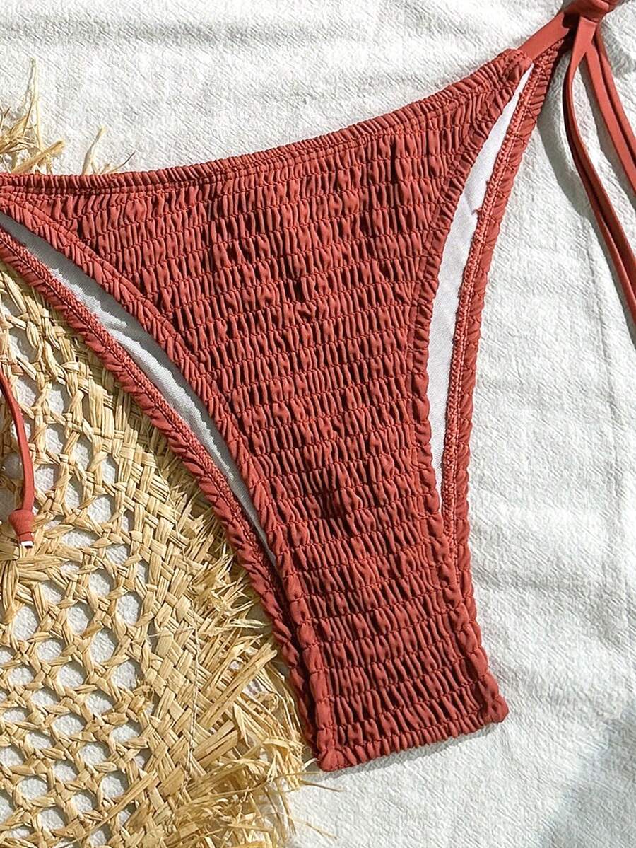 Swim Vcay Solid Color Texture Split Bikini Set, Vacation Beach For Summer
