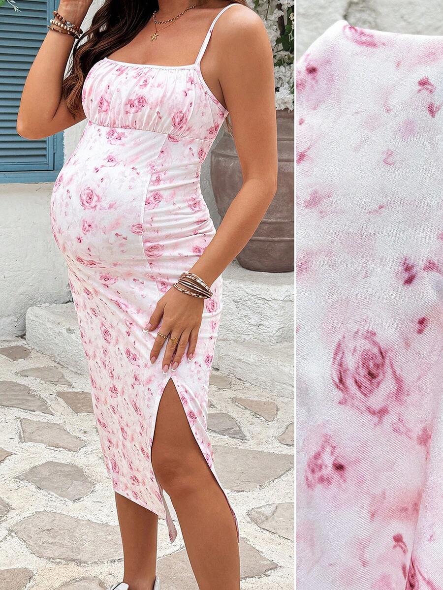 Pink Floral Print Midi Maternity Sundress with Side Slit and Spaghetti Straps Boho Slim Fit Knitted Cami Dress for Beach Vacation