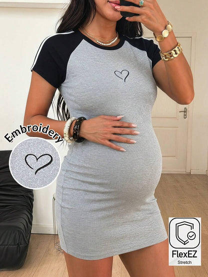 Grey Maternity Heart Embroidery Color Block Fitted Dress - Short Sleeve Boat Neck Slim Fit Sporty Mini Dress - Casual Knitted Summer Maternity Wear