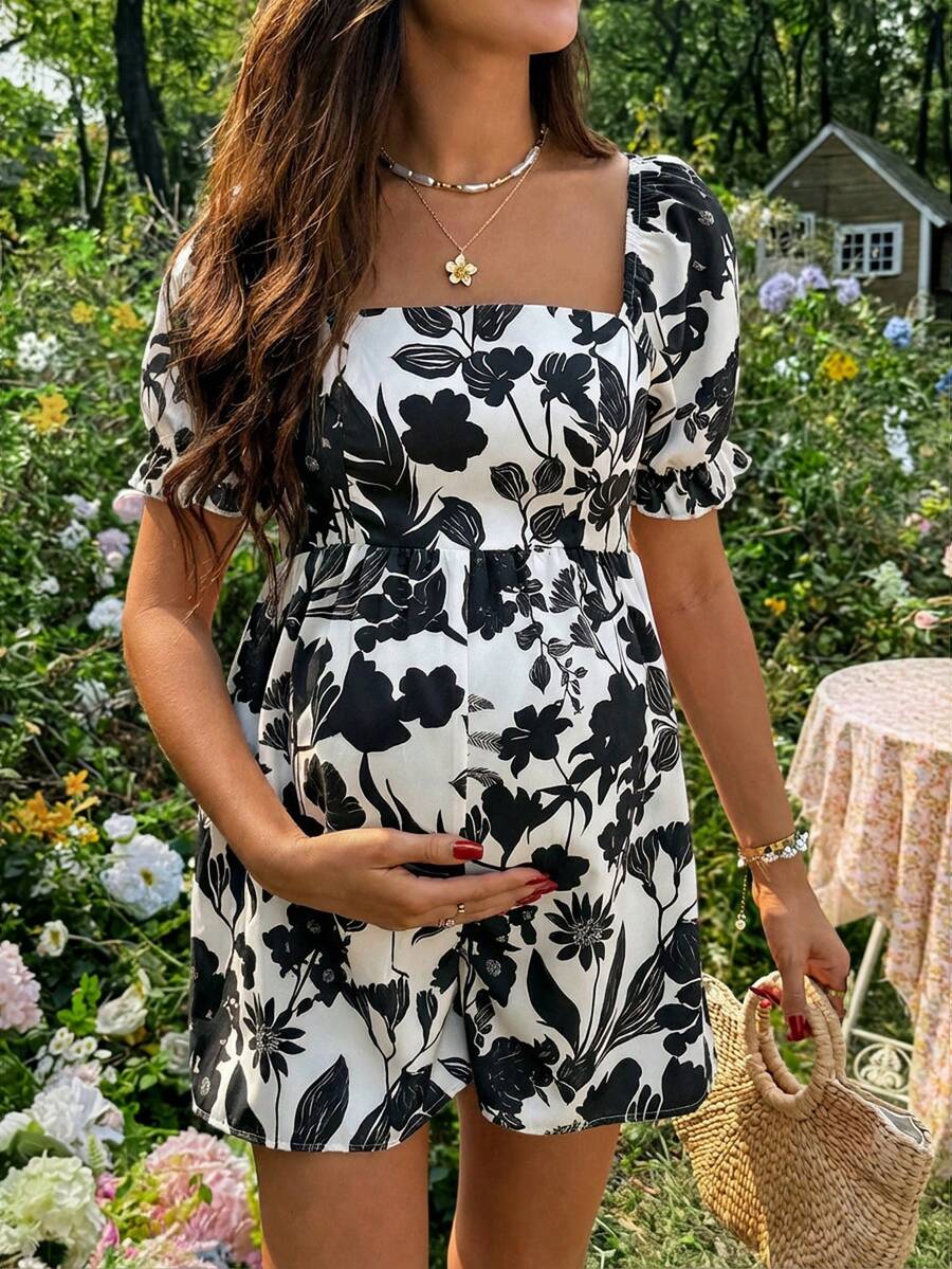 Maternity Black and White Floral Square Neck Romper - Boho Puff Sleeve High Waist Jumpsuit - Loose Fit Woven Summer Beach Outfit