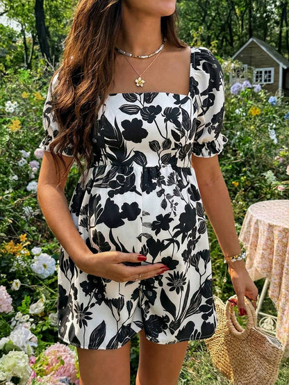 Maternity Black and White Floral Square Neck Romper - Boho Puff Sleeve High Waist Jumpsuit - Loose Fit Woven Summer Beach Outfit