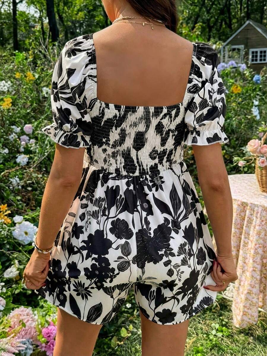 Maternity Black and White Floral Square Neck Romper - Boho Puff Sleeve High Waist Jumpsuit - Loose Fit Woven Summer Beach Outfit