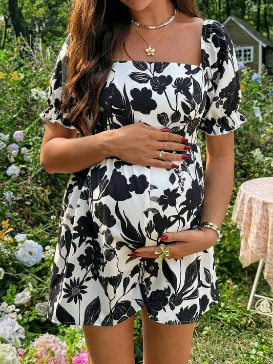 Maternity Black and White Floral Square Neck Romper - Boho Puff Sleeve High Waist Jumpsuit - Loose Fit Woven Summer Beach Outfit