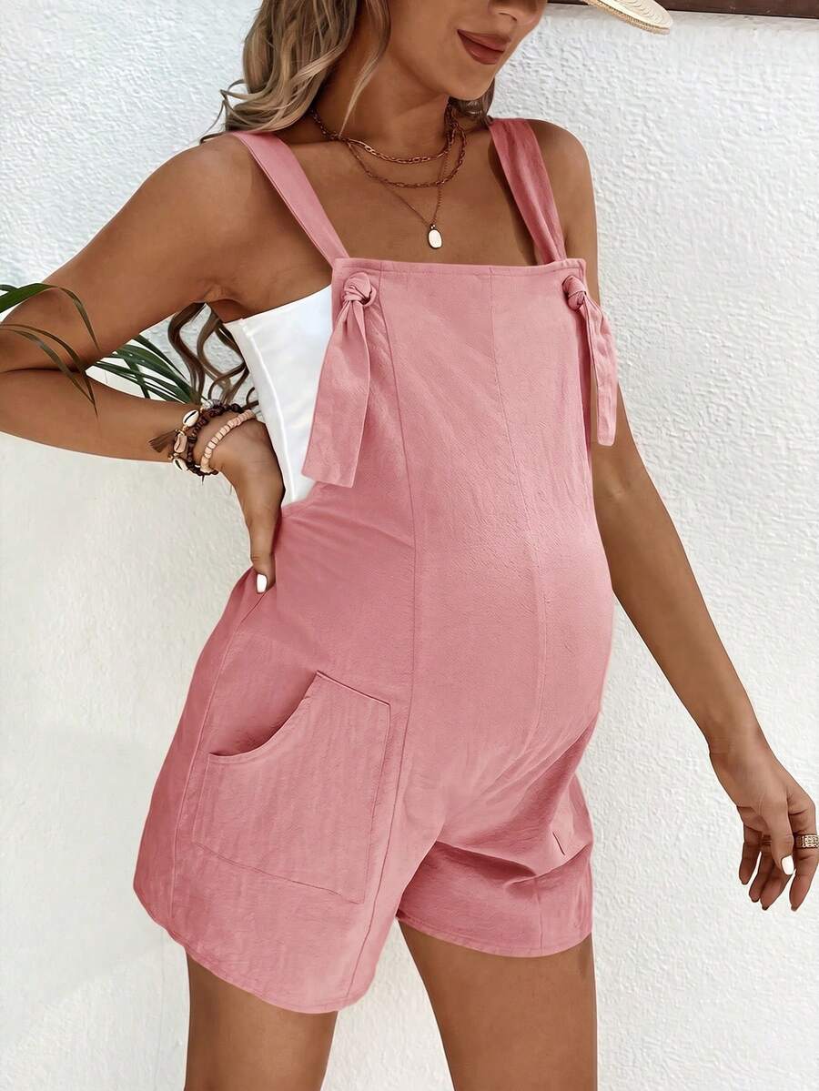 Pink Minimalist Backless Maternity Jumpsuit - 100% Cotton Loose Fit Short Overalls with Pockets - Summer Beach Casual Sleeveless One Piece