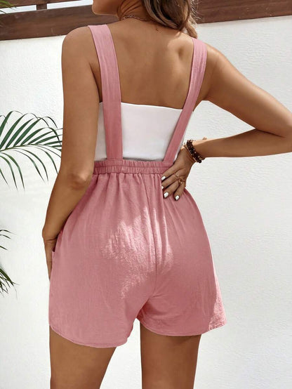 Pink Minimalist Backless Maternity Jumpsuit - 100% Cotton Loose Fit Short Overalls with Pockets - Summer Beach Casual Sleeveless One Piece