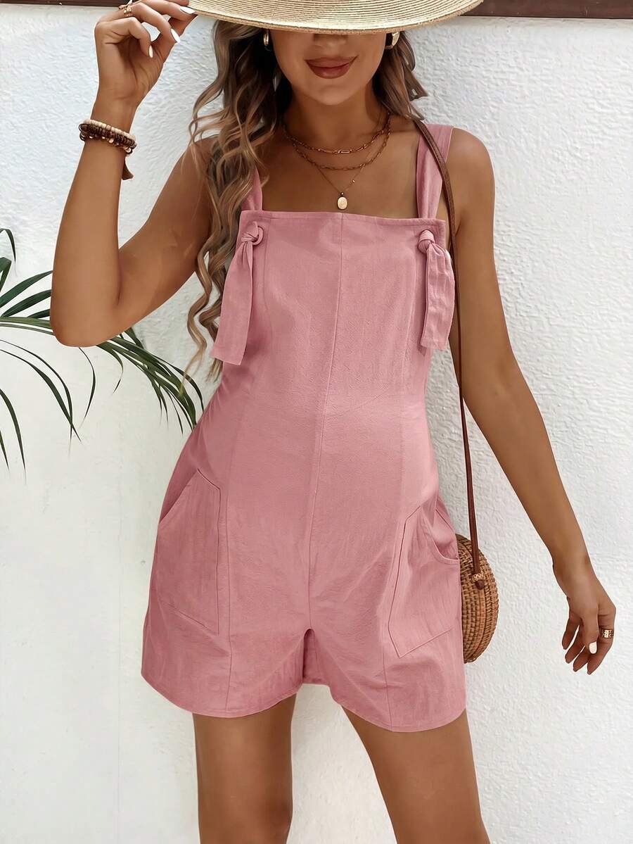 Pink Minimalist Backless Maternity Jumpsuit - 100% Cotton Loose Fit Short Overalls with Pockets - Summer Beach Casual Sleeveless One Piece