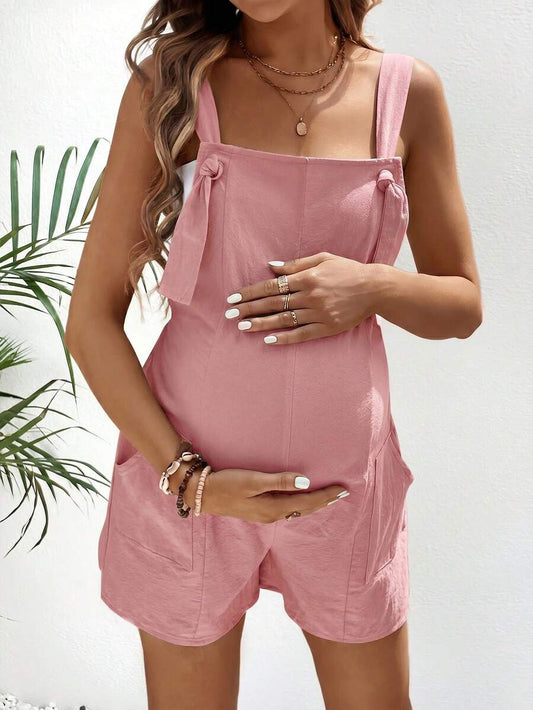 Pink Minimalist Backless Maternity Jumpsuit - 100% Cotton Loose Fit Short Overalls with Pockets - Summer Beach Casual Sleeveless One Piece