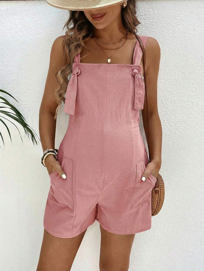 Pink Minimalist Backless Maternity Jumpsuit - 100% Cotton Loose Fit Short Overalls with Pockets - Summer Beach Casual Sleeveless One Piece