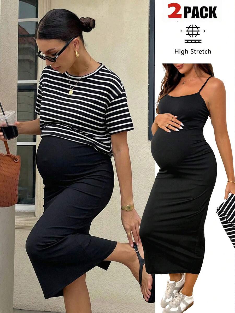 2-Piece Striped Maternity Set - Black Round Neck Crop Tee and Sleeveless Midi Cami Dress - Casual Loose Fit Knitted Maternity Outfit