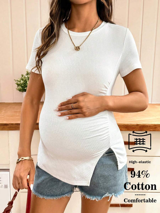 White Ribbed Short Sleeve Maternity T-Shirt with Side Slit Ruched Detail - Slim Fit Cotton Round Neck Pregnancy Top for Casual Summer Wear