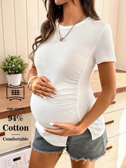 White Ribbed Short Sleeve Maternity T-Shirt with Side Slit Ruched Detail - Slim Fit Cotton Round Neck Pregnancy Top for Casual Summer Wear