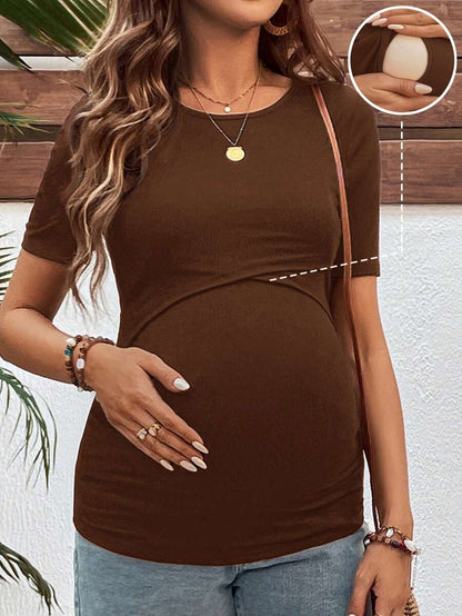 Black Crew Neck Short Sleeve Slim Fit Maternity Nursing Tee with Ruched Detail and Letter Print Knitted Fabric Casual Top