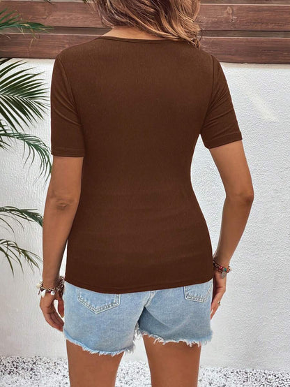 Burgundy Maternity Nursing Top with Short Sleeves and Ruched Slim Fit Detail - Soft Knit Casual Round Neck Shirt for New Moms