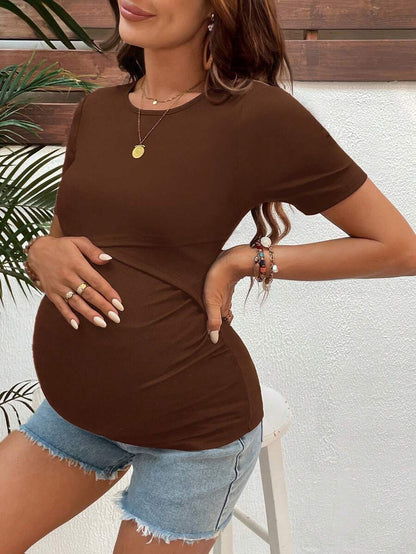 Burgundy Maternity Nursing Top with Short Sleeves and Ruched Slim Fit Detail - Soft Knit Casual Round Neck Shirt for New Moms