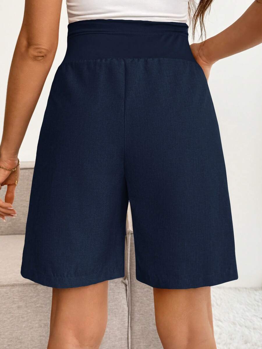 Navy Blue Maternity Bermuda Shorts - Adjustable High Waist Loose Fit Casual Summer Shorts - Solid Color Everyday Commute Maternity Bottoms with Pockets