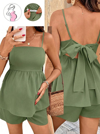 2-Piece Maternity Tie-Back Camisole and Shorts Set - Solid Color Adjustable Waist Off-the-Shoulder Holiday Outfit
