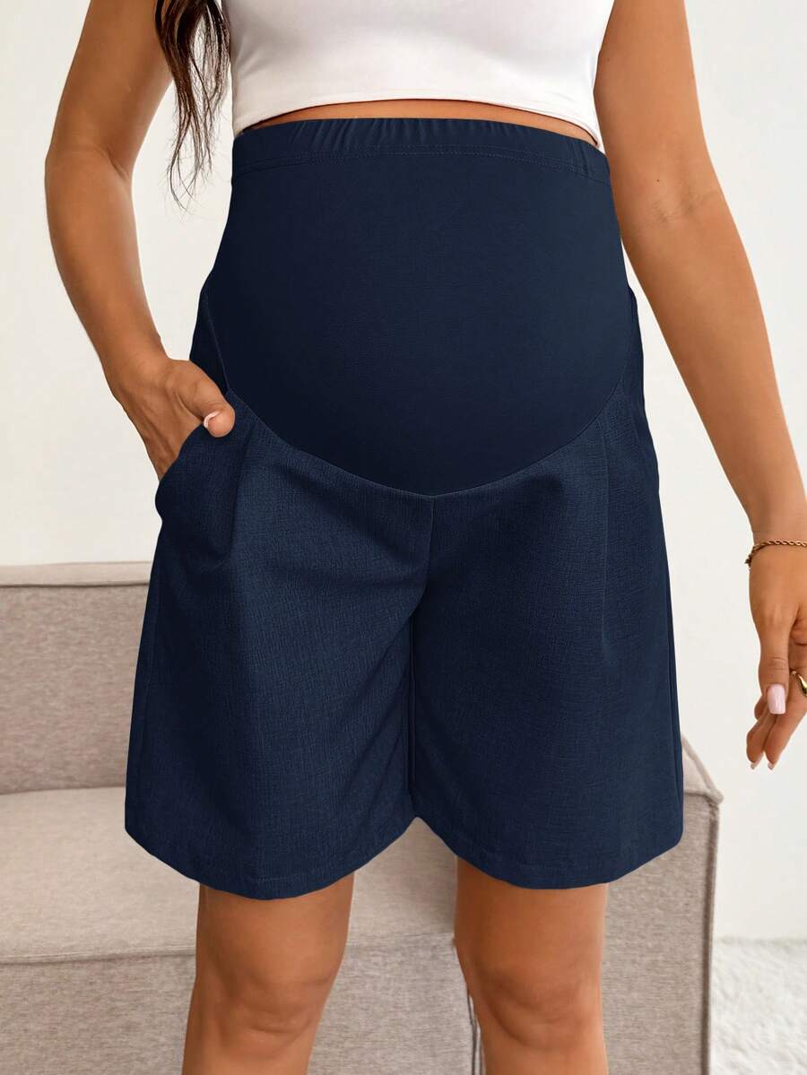 Navy Blue Maternity Bermuda Shorts - Adjustable High Waist Loose Fit Casual Summer Shorts - Solid Color Everyday Commute Maternity Bottoms with Pockets