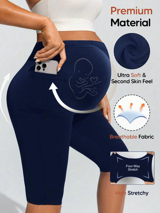 Navy Blue Ultra High Waist Maternity Leggings - Solid Color Elastic Waist Bermuda Shorts - Comfortable Medium Stretch Daily Activewear