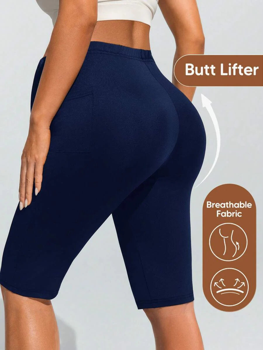 Navy Blue Ultra High Waist Maternity Leggings - Solid Color Elastic Waist Bermuda Shorts - Comfortable Medium Stretch Daily Activewear