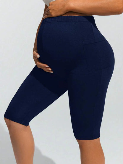 Navy Blue Ultra High Waist Maternity Leggings - Solid Color Elastic Waist Bermuda Shorts - Comfortable Medium Stretch Daily Activewear