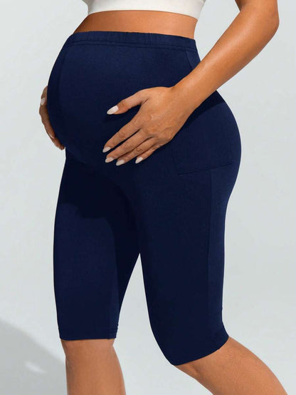 Navy Blue Ultra High Waist Maternity Leggings - Solid Color Elastic Waist Bermuda Shorts - Comfortable Medium Stretch Daily Activewear