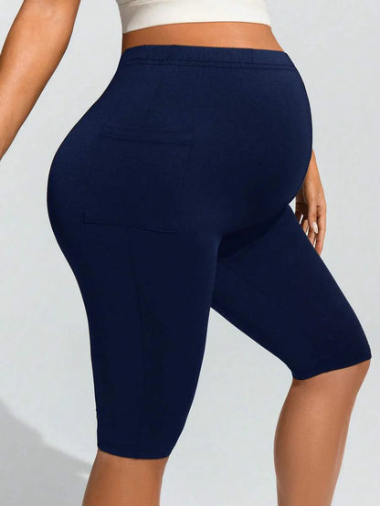 Navy Blue Ultra High Waist Maternity Leggings - Solid Color Elastic Waist Bermuda Shorts - Comfortable Medium Stretch Daily Activewear