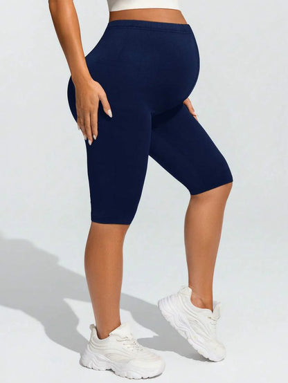 Navy Blue Ultra High Waist Maternity Leggings - Solid Color Elastic Waist Bermuda Shorts - Comfortable Medium Stretch Daily Activewear