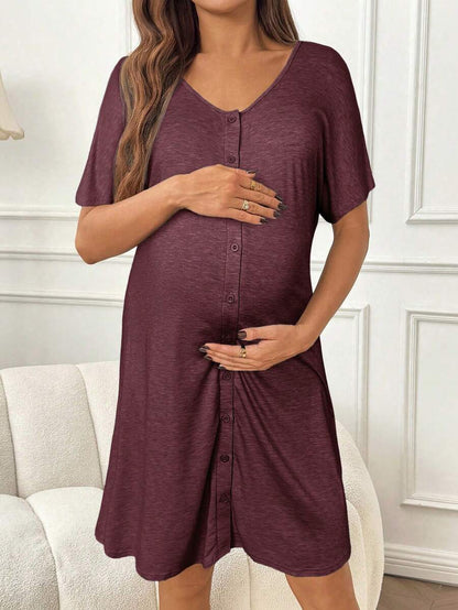 Red V-Neck Button Front Maternity Nightgown - High Stretch Loose Fit Labor and Delivery Gown - Long Half Sleeve Hospital Sleepwear