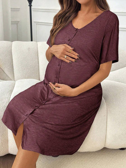 Red V-Neck Button Front Maternity Nightgown - High Stretch Loose Fit Labor and Delivery Gown - Long Half Sleeve Hospital Sleepwear