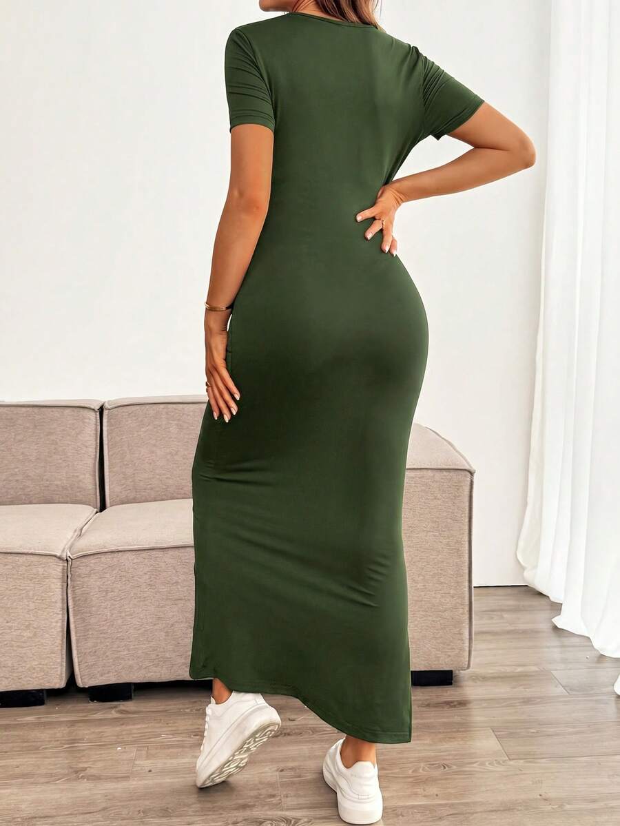 Maternity Bodycon Long Dress - Round Neck, Short Sleeve, Slim Fit, Pencil Hem, Army Green