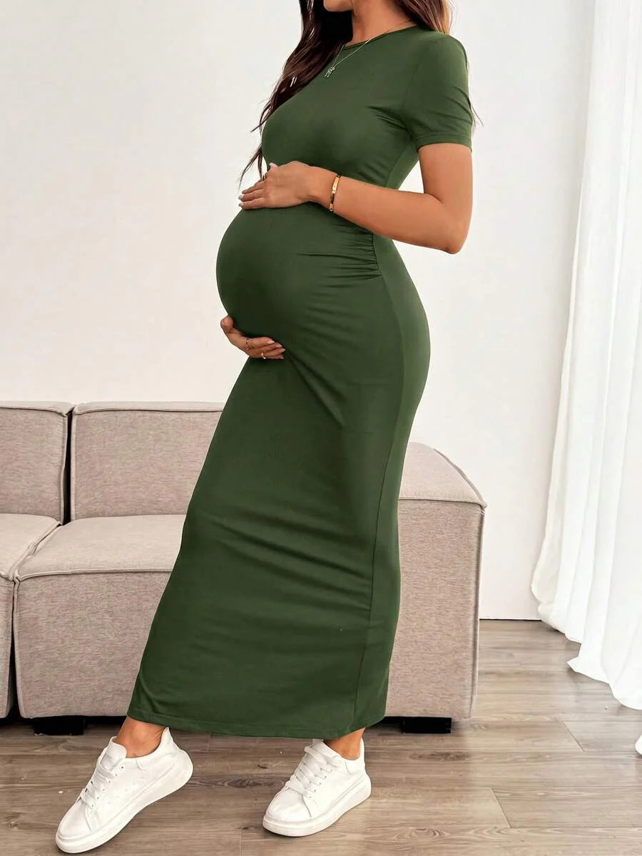 Maternity Bodycon Long Dress - Round Neck, Short Sleeve, Slim Fit, Pencil Hem, Army Green