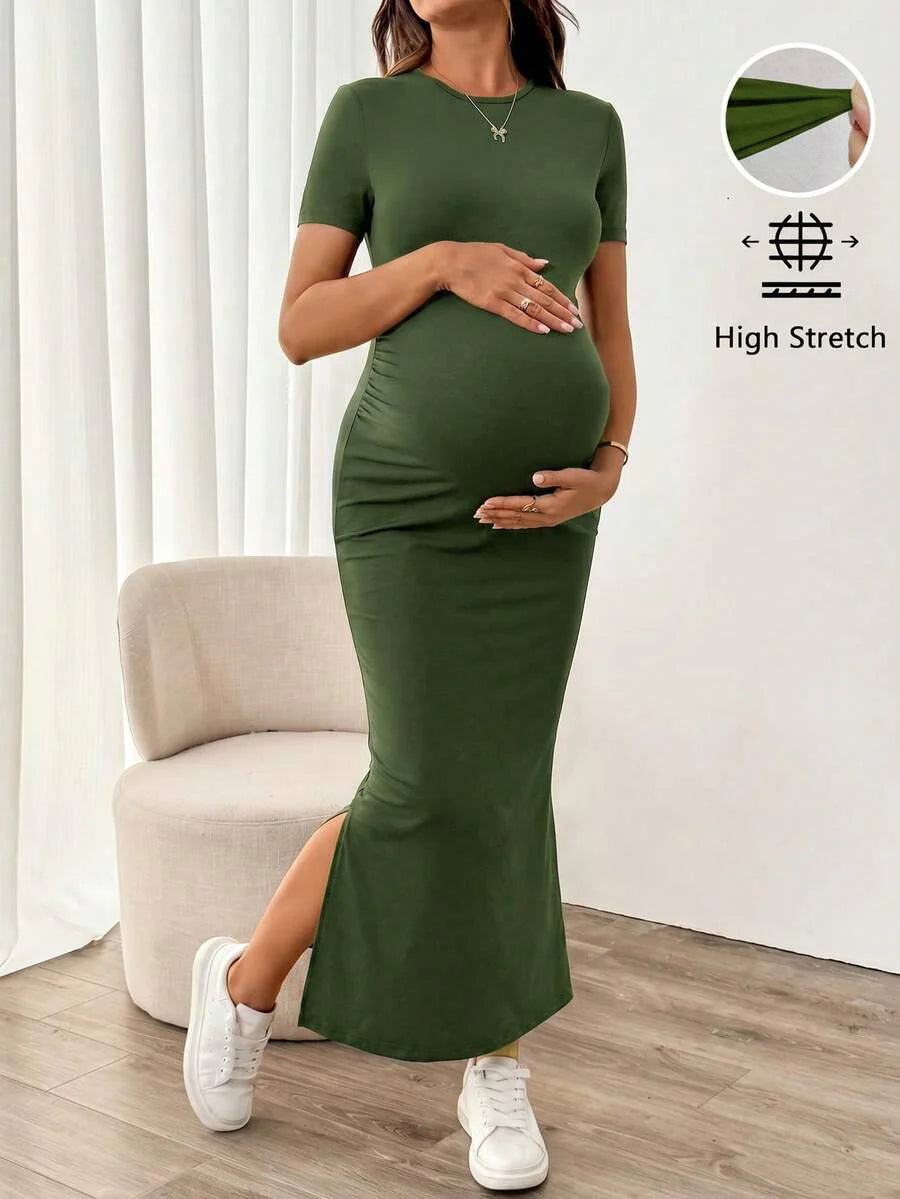 Maternity Bodycon Long Dress - Round Neck, Short Sleeve, Slim Fit, Pencil Hem, Army Green