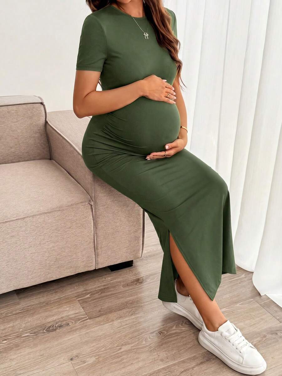 Maternity Bodycon Long Dress - Round Neck, Short Sleeve, Slim Fit, Pencil Hem, Army Green