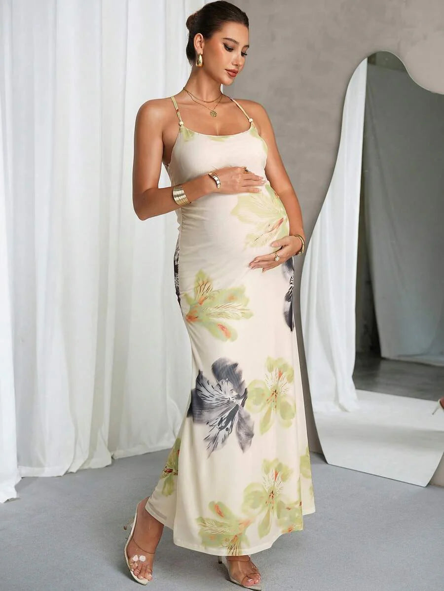 Maternity Dress Summer Elegant Blue Butterfly Print,Babyshower Apricot Highly Elastic Pregnant Clothes,Floral Spaghetti Strap Backless Dress For Women