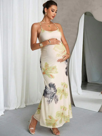 Maternity Dress Summer Elegant Blue Butterfly Print,Babyshower Apricot Highly Elastic Pregnant Clothes,Floral Spaghetti Strap Backless Dress For Women