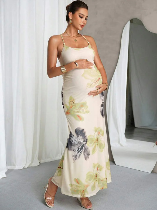 Maternity Dress Summer Elegant Blue Butterfly Print,Babyshower Apricot Highly Elastic Pregnant Clothes,Floral Spaghetti Strap Backless Dress For Women