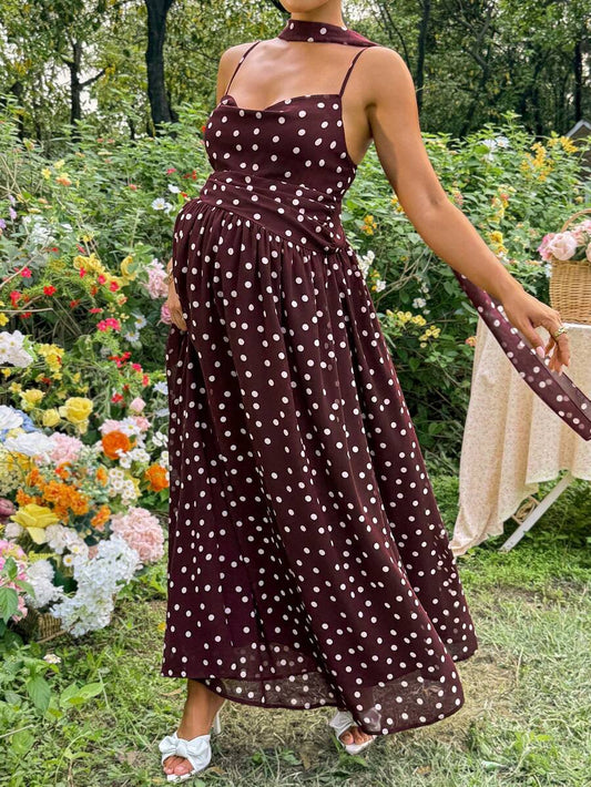 Brown Polka Dot Pleated Maternity Camisole Dress – Elegant Boho Spaghetti Strap High Waist Long Beach Dress for Pregnant Women