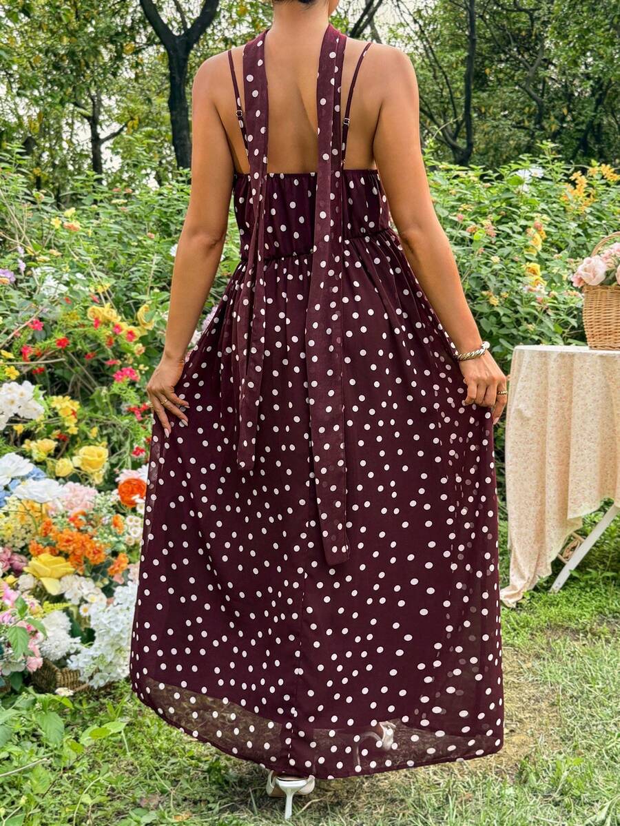 Brown Polka Dot Pleated Maternity Camisole Dress – Elegant Boho Spaghetti Strap High Waist Long Beach Dress for Pregnant Women