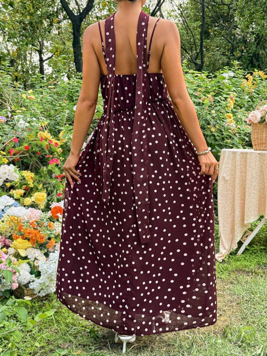 Brown Polka Dot Pleated Maternity Camisole Dress – Elegant Boho Spaghetti Strap High Waist Long Beach Dress for Pregnant Women