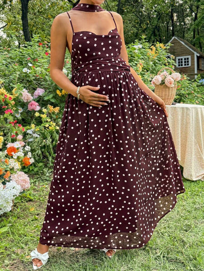 Brown Polka Dot Pleated Maternity Camisole Dress – Elegant Boho Spaghetti Strap High Waist Long Beach Dress for Pregnant Women